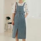 Slit-front Tie-waist Denim Jumper Skirt