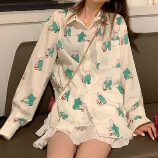 All Over Print Shirt Green Elephant Print - White - One Size