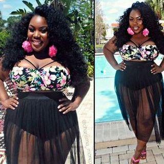 Set: Floral Print Bikini Top + Mesh Overlay Swim Bottom