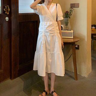 Short-sleeve V-neck Drawstring Midi A-line Dress
