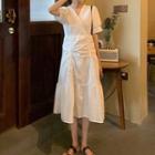 Short-sleeve V-neck Drawstring Midi A-line Dress