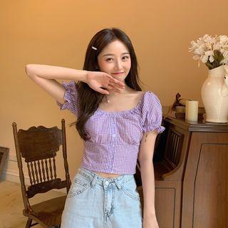 Short-sleeve Gingham Cropped Button Top