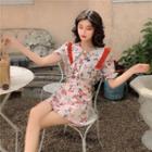 Set: Flower Print Short-sleeve Blouse + Mini A-line Skirt