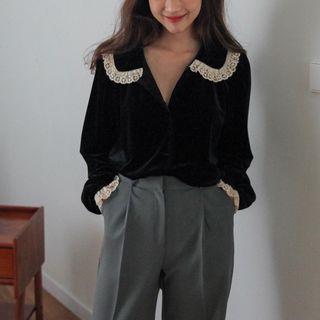 Lace Trim Shirt Black - One Size