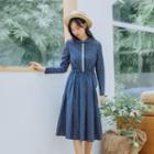 Long-sleeve Plaid Embroidered A-line Dress