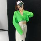 Deep V-neck Loose-fit Crop Knit Top Green - One Size
