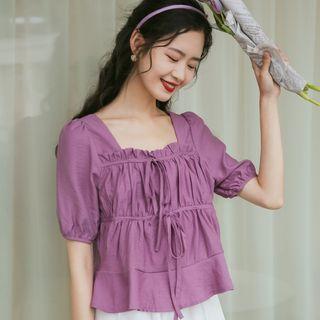 Puff-sleeve Ruffled Drawstring Blouse