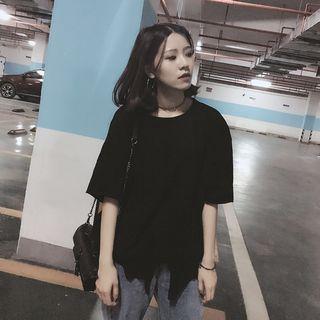 Plain Elbow Sleeve Ripped T-shirt