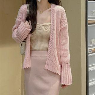 Loose Fit Cardigan / Knotted Tube Top / Long Knit Skirt