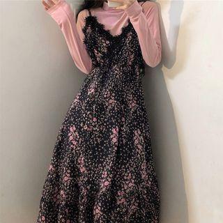 Long-sleeve Plain Mock-neck Top / Floral Lace Slipdress