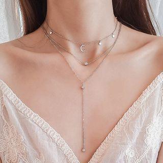 925 Sterling Silver Moon & Star Layered Y Necklace Platinum Plating - One Size