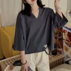 Split-neck Distressed 3/4-sleeve T-shirt