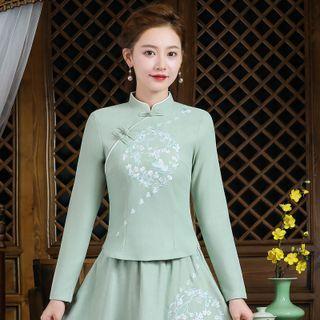 Flower Embroidered Hanfu Blouse / Midi A-line Skirt