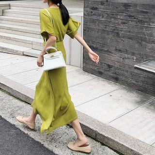 Set: Plain Elbow-sleeve Knit Top + Side-slit Midi Knit A-line Skirt