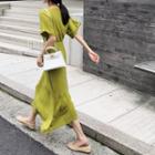 Set: Plain Elbow-sleeve Knit Top + Side-slit Midi Knit A-line Skirt