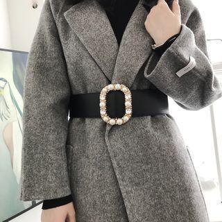Faux Pearl Rhinestone Faux Leather Belt Black - One Size