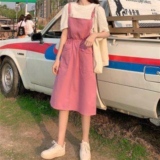 Puff-sleeve Top / A-line Midi Pinafore Dress