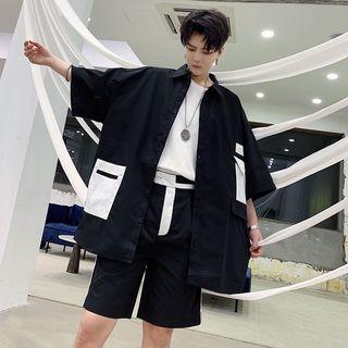 Set: Color Block 3/4-sleeve Shirt + Shorts