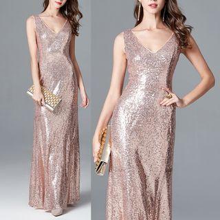V-neck Sleeveless Sequined Mermaid Evening Gown
