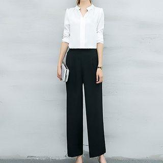 Set: Split Neck Long Sleeve Chiffon Blouse + Plain Wide Leg Pants