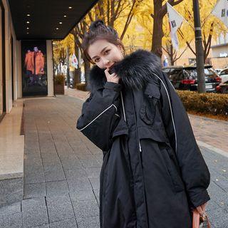 Furry Trim Lettering Hooded Midi Coat