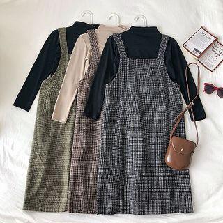 Set:plain Mock-neck Long-sleeve T-shirt + Plaid Strap Dress