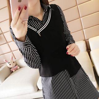 Set: Long-sleeve Striped Blouse + Sleeveless Asymmetric-hem Top