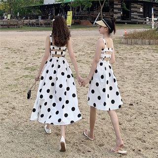 Sleeveless Frill Trim Polka Dot A-line Dress