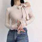 Long-sleeve Tie-neck Cold-shoulder T-shirt