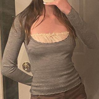 Square Neck Long Sleeve Lace Detail Skinny Top