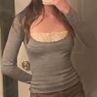 Square Neck Long Sleeve Lace Detail Skinny Top