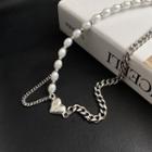 Faux Pearl Chain Heart Necklace Silver - One Size