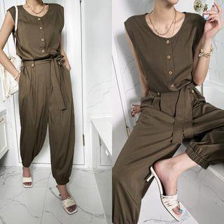 Sleeveless Jogger Jumpsuit With Sash