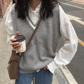 Contrast-trim Lettering Sweater Vest/ Frill-trim Shirt