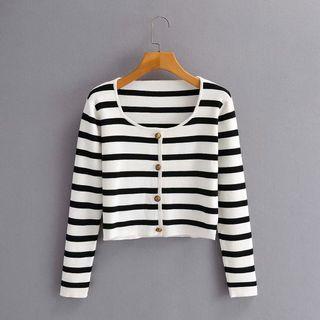 Striped Button-up Knit Top Black & White - One Size