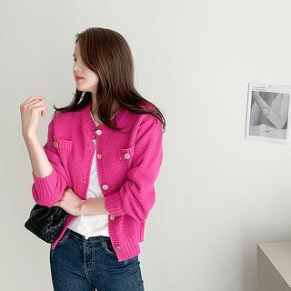 Metallic-button Waffle-knit Cardigan
