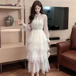 Long-sleeve Midi A-line Tiered Mesh Dress