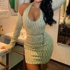 Long-sleeve Flower Print Cold-shoulder Mini Dress