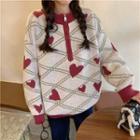 Long-sleeve Half-zip Heart Print Knit Sweater
