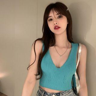 V-neck Ribbed Knit Tank Top Blue - One Size