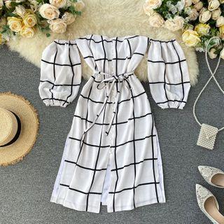 Off-shoulder Lace-up Strap Puff-sleeve Plaid Dress