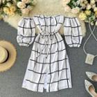 Off-shoulder Lace-up Strap Puff-sleeve Plaid Dress