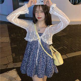 Strapless Flower Print Mini A-line Dress / Lace Cropped Jacket
