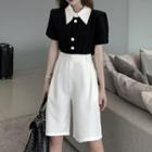 Set: Contrast Collar Short Sleeve Blouse + Plain High Waist Shorts
