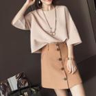 Set: Elbow-sleeve Knit Top + Button-front Skirt