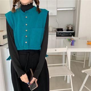 Drawstring Knit Vest / Long-sleeve Mock Neck Plain Top