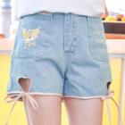 Fox Embroidered Heart Cut-out Denim Shorts