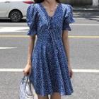 Bell-sleeve Floral Midi Dress Blue - One Size