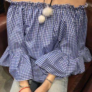 3/4-sleeve Off Shoulder Gingham Blouse