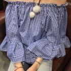 3/4-sleeve Off Shoulder Gingham Blouse